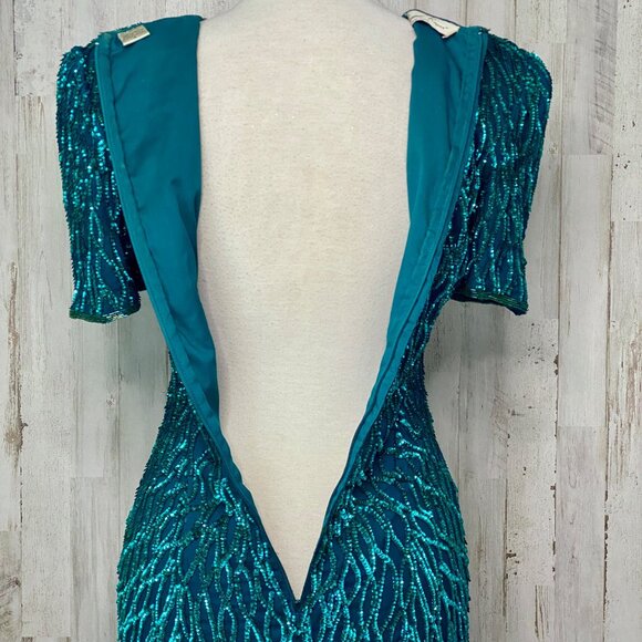 Laurence Kazar Teal Silk Sequin Short Sleeve Column Dress 80s Vintage Sz S FLAW - Picture 15 of 15